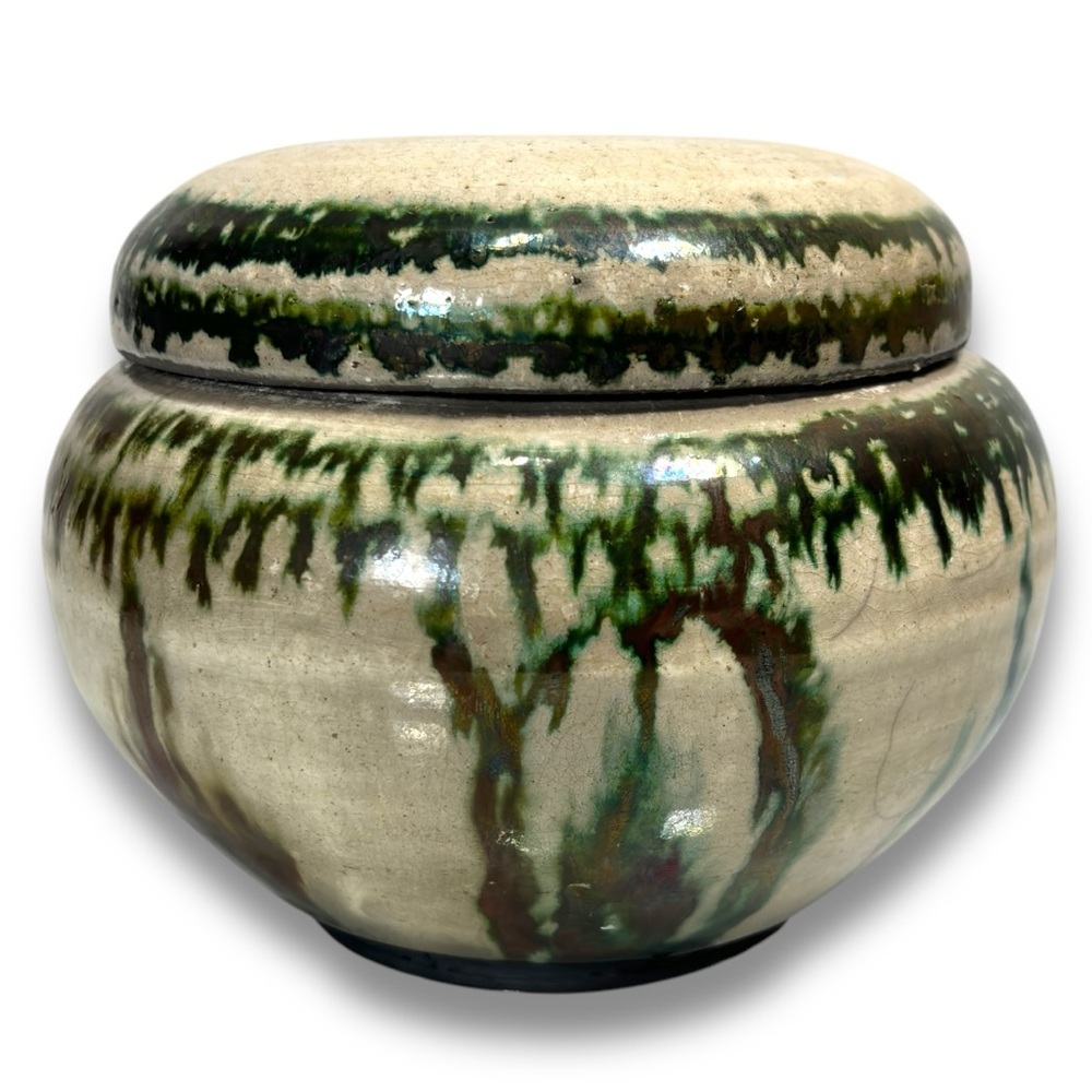 Art Studio Handmade Artist Signed Green Iridescent Glaze Pottery Lidded Urn Jar